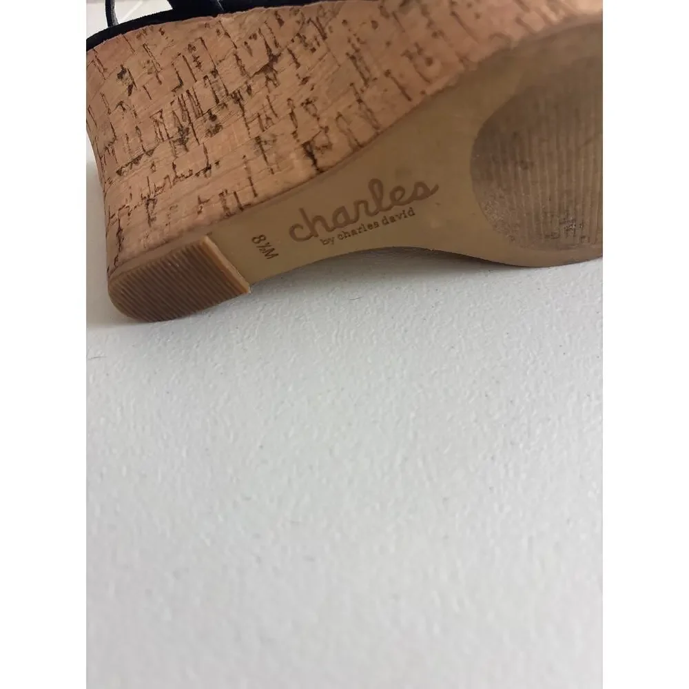 Charles by Charles David Black Cork Wedge Sandals T-Strap Size 8.5